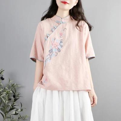 Haut Cheongsam d'été pour femmes style Zen en coton lin - Chemise à manches courtes brodée à boutons chinois