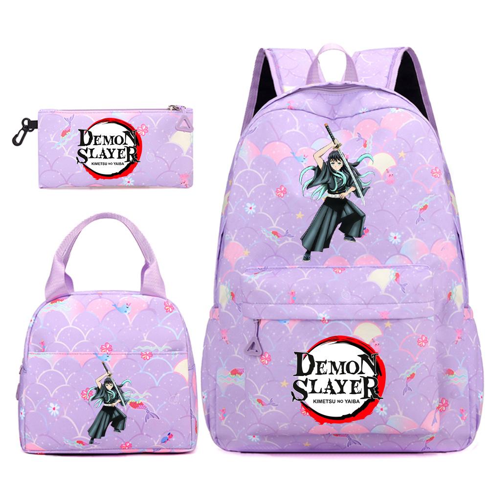 3Pcs/set Anime Demon Slayer Printed Backpack Handbag Pencil Case for Teenger Student Bookbag Women Large Capacity Waterproof Travel Bag Mochila