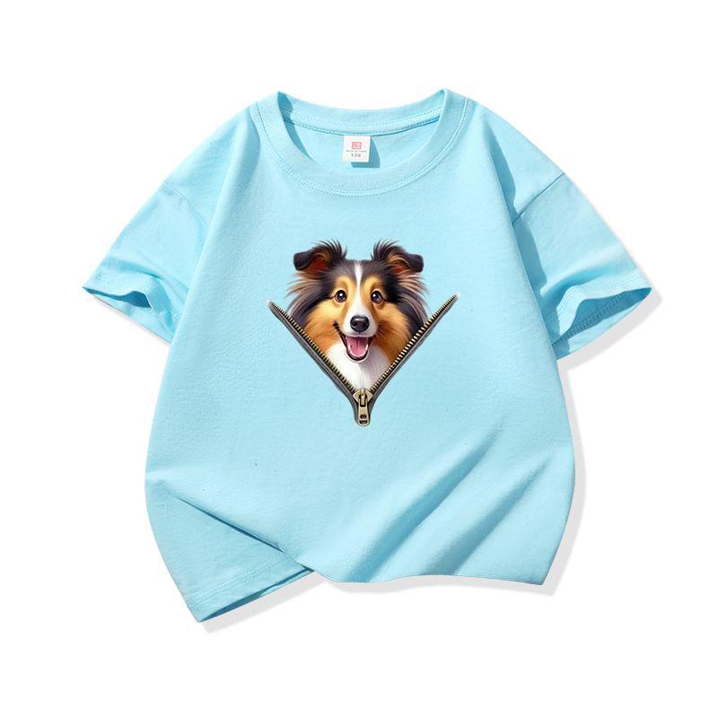 Kids Cotton T Shirt Lovely Sheepdog Zipper Print Crew Neck Short Sleeve Tee Casual Breathable Boys Girls Summer Tops