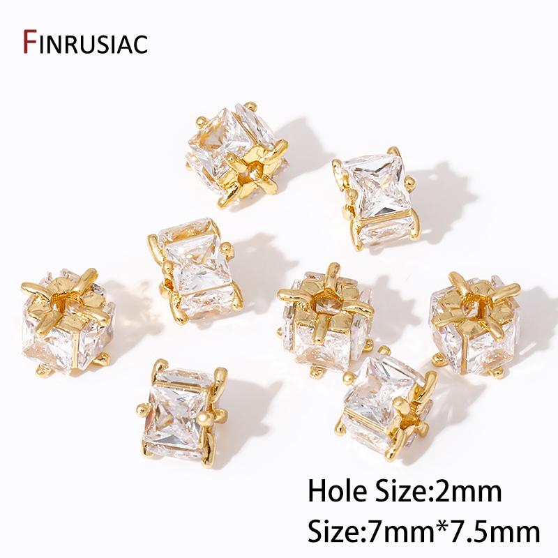 

18K Gold Plated Square Zircon Spacer Beads,Separators For Beads,Brass Cube Bead for DIY Bracelet Jewelry Making Supplies 2 pieces