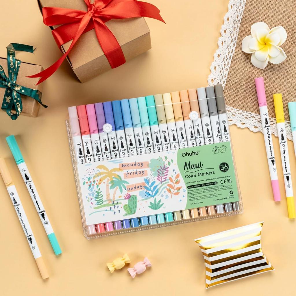 Ohuhu Art Marker 36 Pastel and Light Color Brush Watercolor Brush Fine Picture Coloring Storage Case Included Pens, Colors, Set, Tip, Pen,