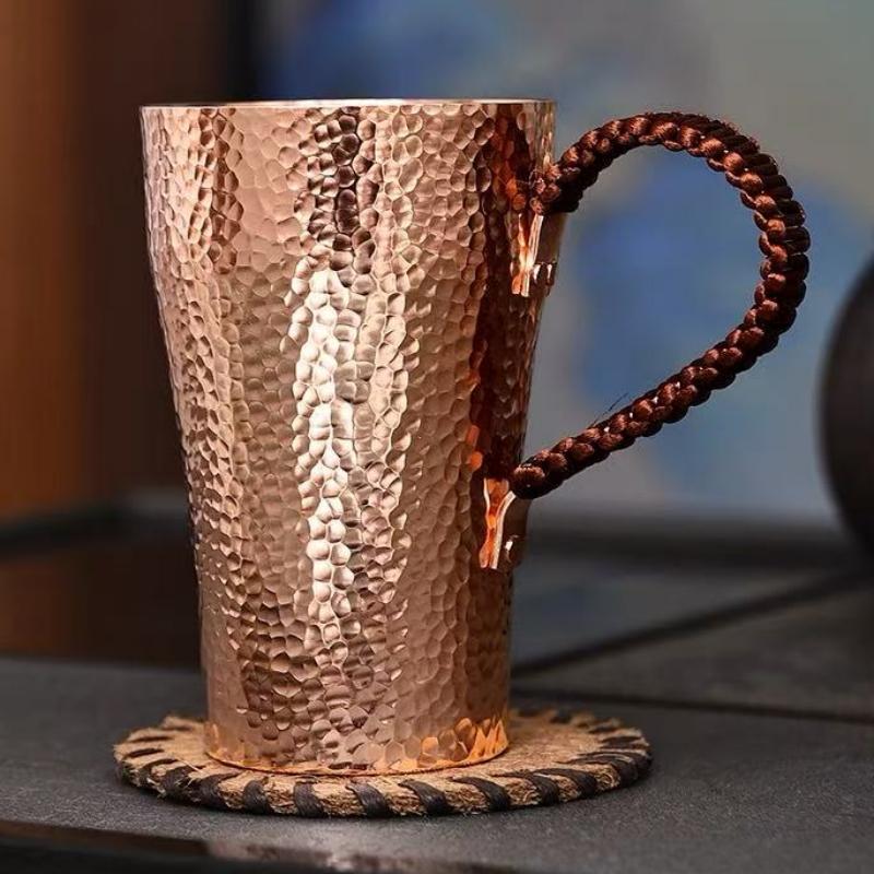 Vintage Pure Copper Coffee Cup,Handcrafted Polishing Engraving Hammer Texture Woven Handle 400 ml Beer Mug,Tea Cup Tableware