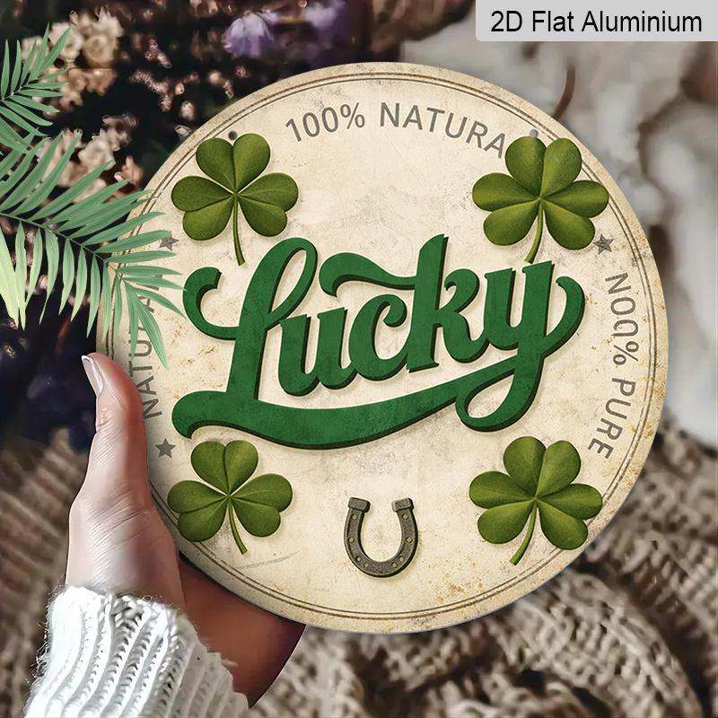 2D Flat - 1pc Round Sign, Vintage Aluminum Plaque with "Lucky Four Leaf Clover Horseshoe", "Lucky Charm Good Luck Blessing" Decorative Sign, Suitable