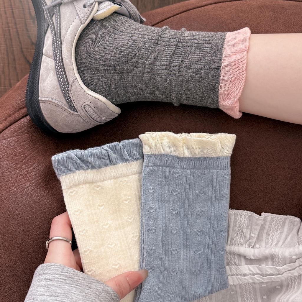 Sock Children's Spring/summer Lace-up Striped Mid-calf Socks with Loose Openings and No Bones, Plush Cotton Socks