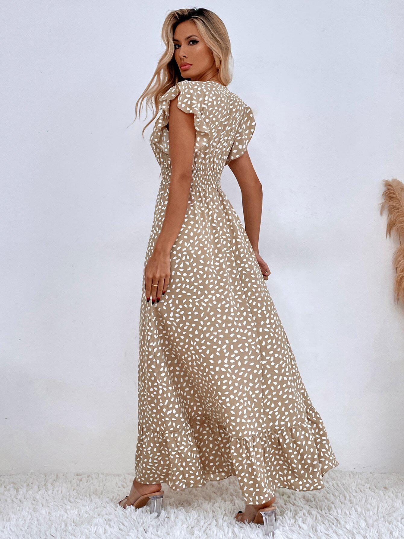 

2026 European and American Women s V-Neck Waist-Hugging Ruffle Spring/Summer Long Dress S светло-коричневого
