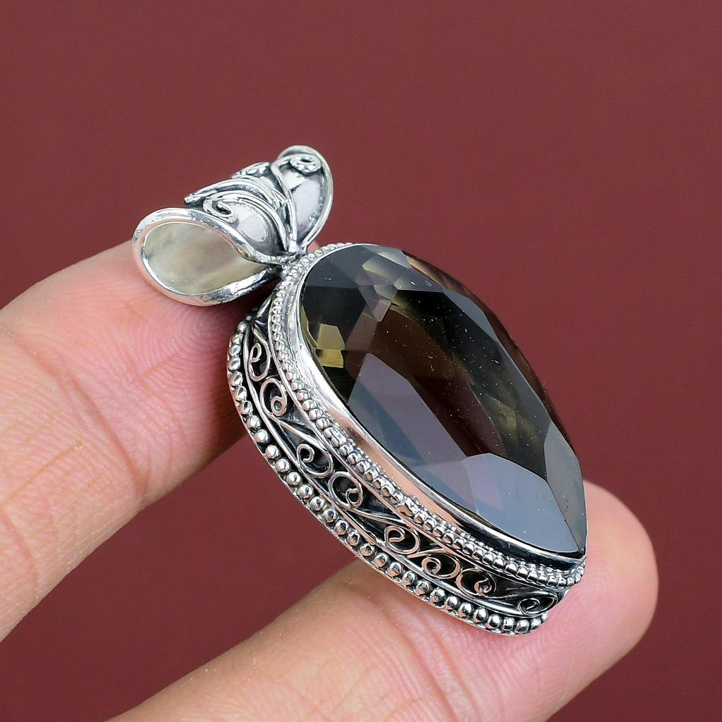 Faceted Smoky Quartz Pendant Vintage Unique Pendant 925 Sterling Silver Pendant Smoky Quartz Gemstone Jewelry Handmade Pendant Gifts For Him