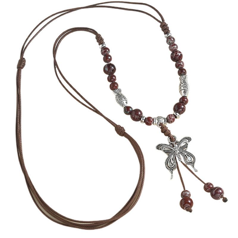 Chinese style long length sweater style accessory  butterfly necklace  ceramic  hanger cord