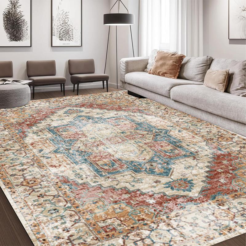 Boho Vintage Washable Non-Slip Area Rug-Plush Living Room Bedroom Carpet Classic American Decor Floor Mat for Cozy Bedside Home