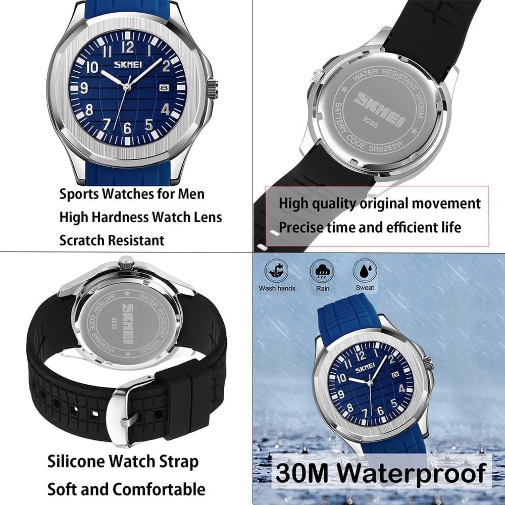 SKMEI Men's Silicone Sports Waterproof Watch Large Arabic Numerals Date Fluorescent Blue Casual Luxury Gift