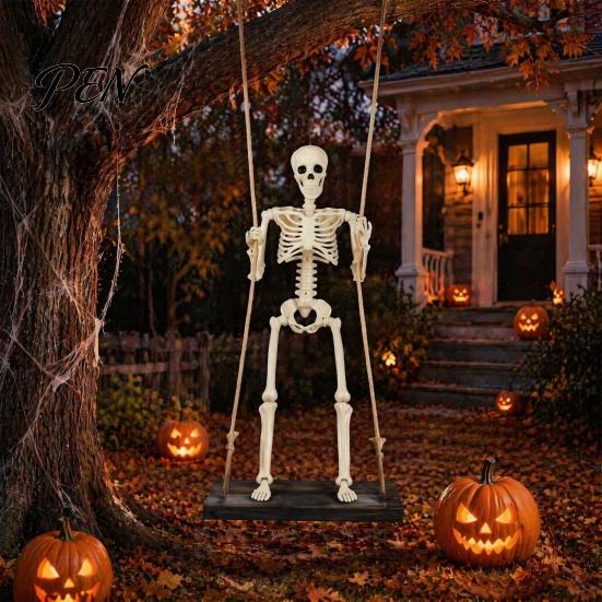 Durable Sunlight Resistant Prop Halloween Swinging Skeleton Decoration, 35" Large Spooky Hanging with Festival Window Wooden Swing for Yard,