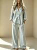 European and American casual suit women's loose and thin V-neck cardigan top + straight wide-leg pants two-piece set