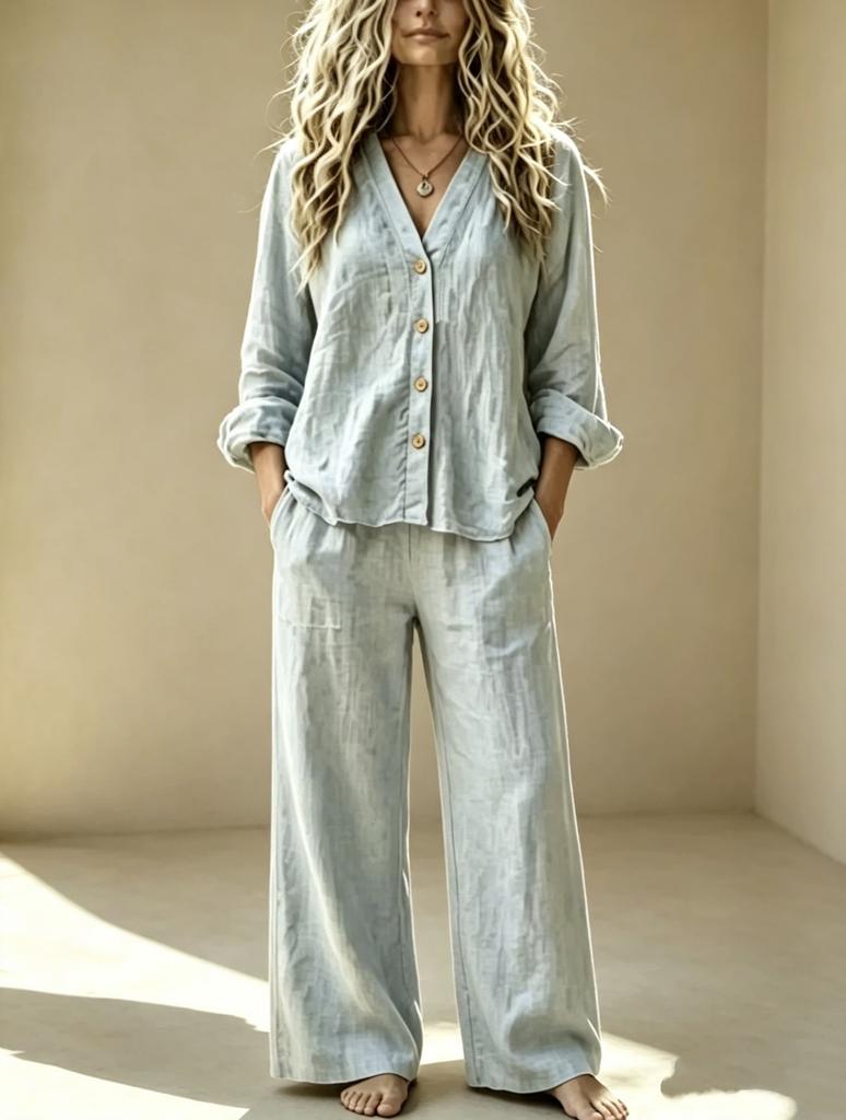 European and American casual suit women's loose and thin V-neck cardigan top + straight wide-leg pants two-piece set