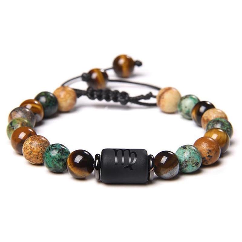 Natural Stone Tiger Eye Picture Jasper Round Beads 12 Constellation Bracelet for Men and Women Zodiac Signs Bracelet Aries