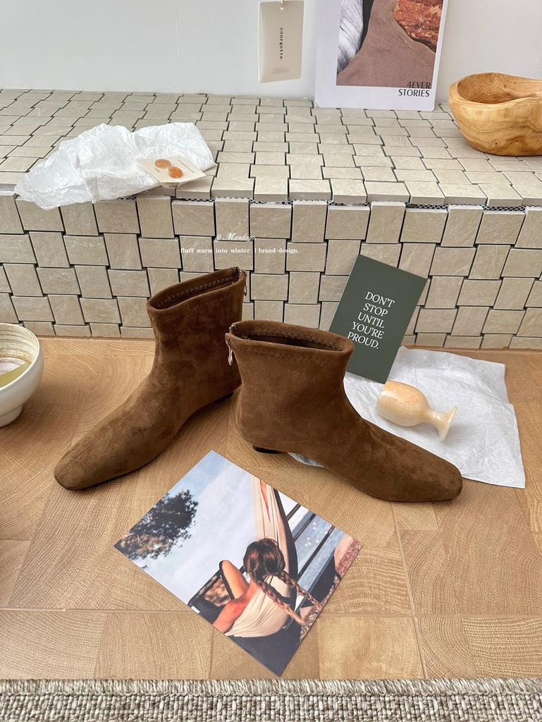 European and American style fashion retro square head small short boots for women looking thin, zipper thick heel and bare boots 2025 autumn and 