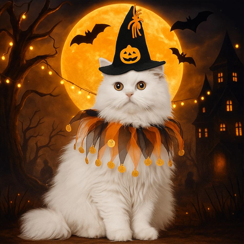 Verstellbares Katzenhalsband Hut-Set Kürbis Haustier Halloween-Zubehör Halloween-Katzenkostüm Halloween-Party
