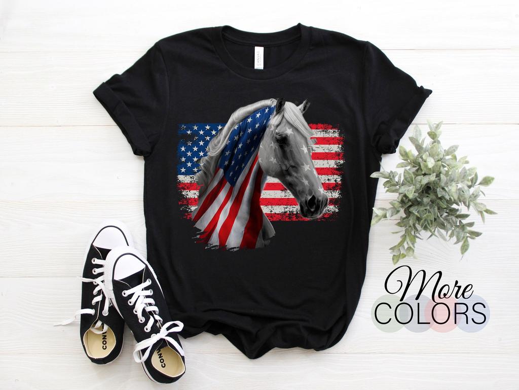 Horses American Flag USA Riding Horse Gift T-Shirt, Equestrian Western Country Lover TShirts, Horse Rider Costume, Cowgirls Present Tees,