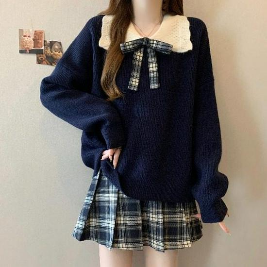 Korean Style Color Block Doll Collar Sweater for Women, Plus Size, 2026 Autumn/Winter