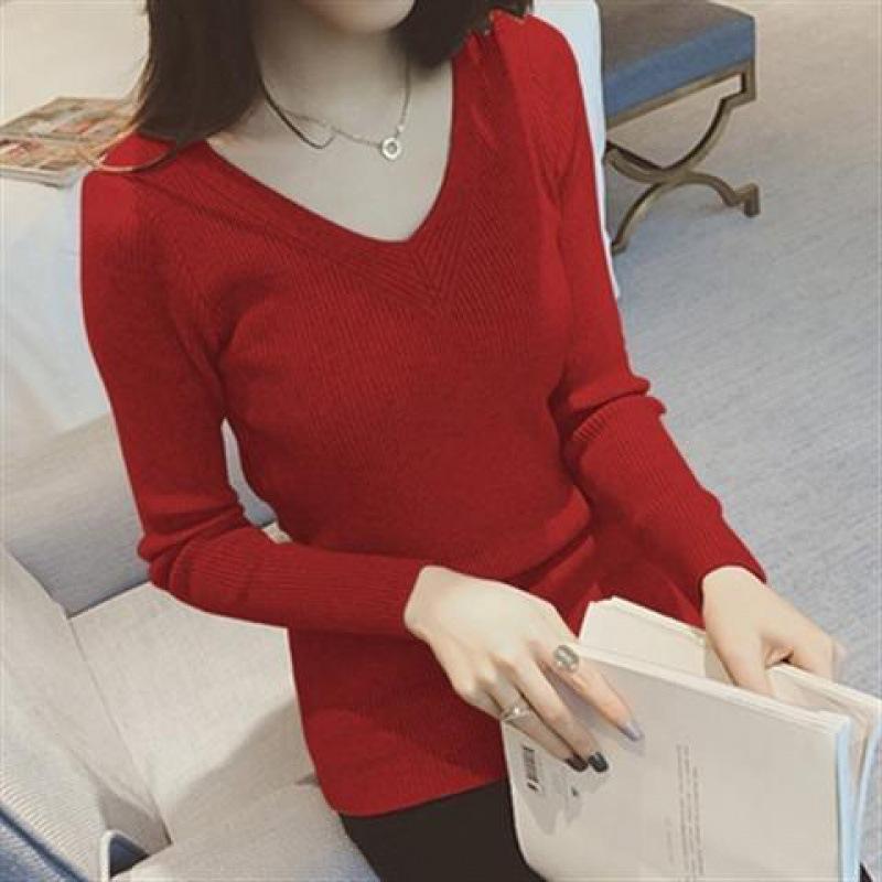 Autumn and Winter New Sweater Women's Slim and Thin V-neck Bottoming Shirt Core-spun Yarn Student Korean Version Pullover Knitted Sweater Women's