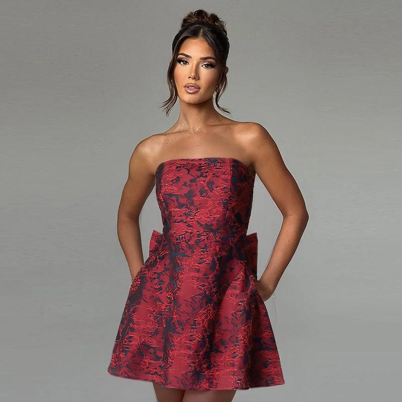 

Summer New, Fashionable Temperament, Sexy Jacquard Tube Top Bow Dress for Women L бордовий