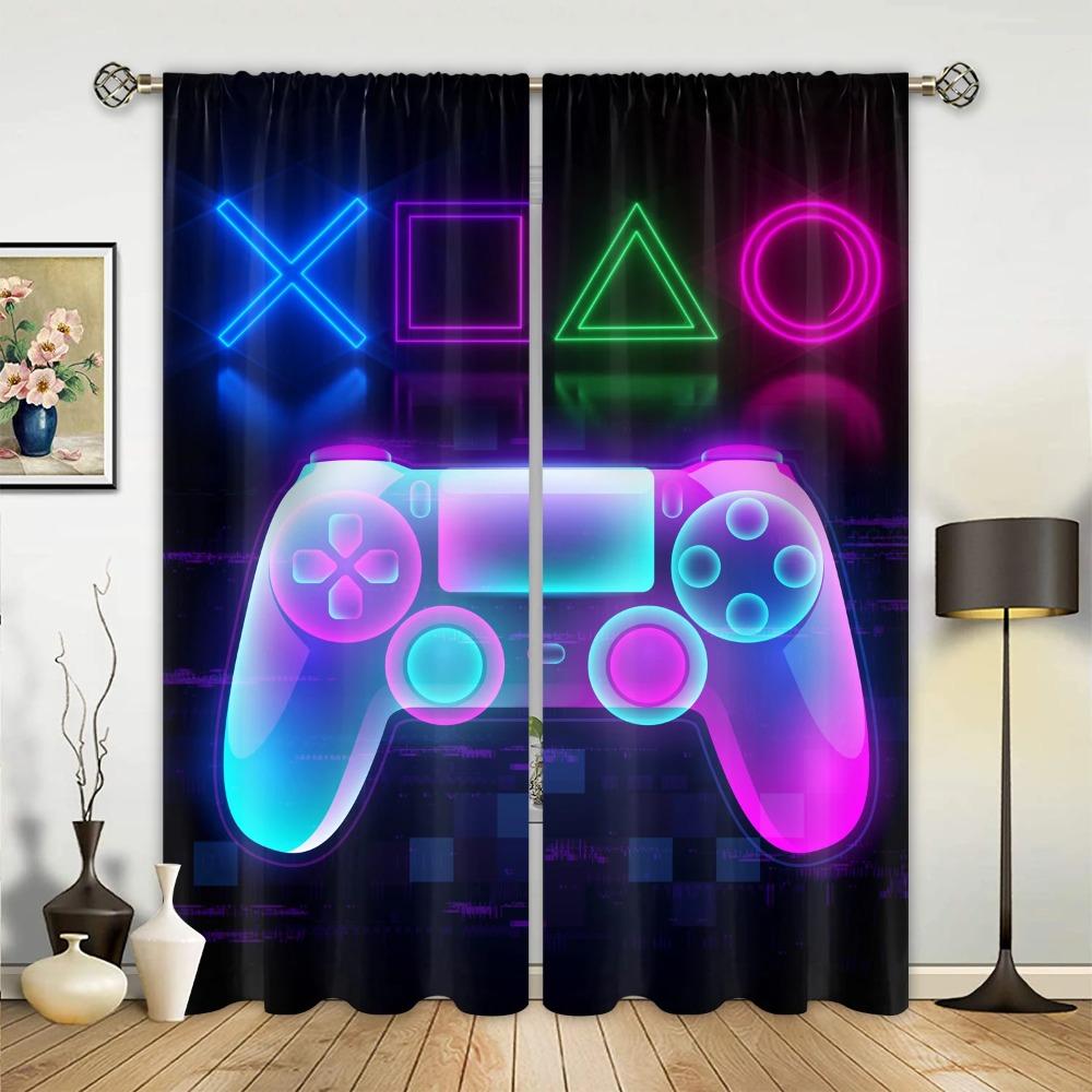 Lightning Blue Red Gamepad Patterned Curtain For Bedroom Space Living Room Space Playroom Window Drapes Wall Decors With Free Accessories