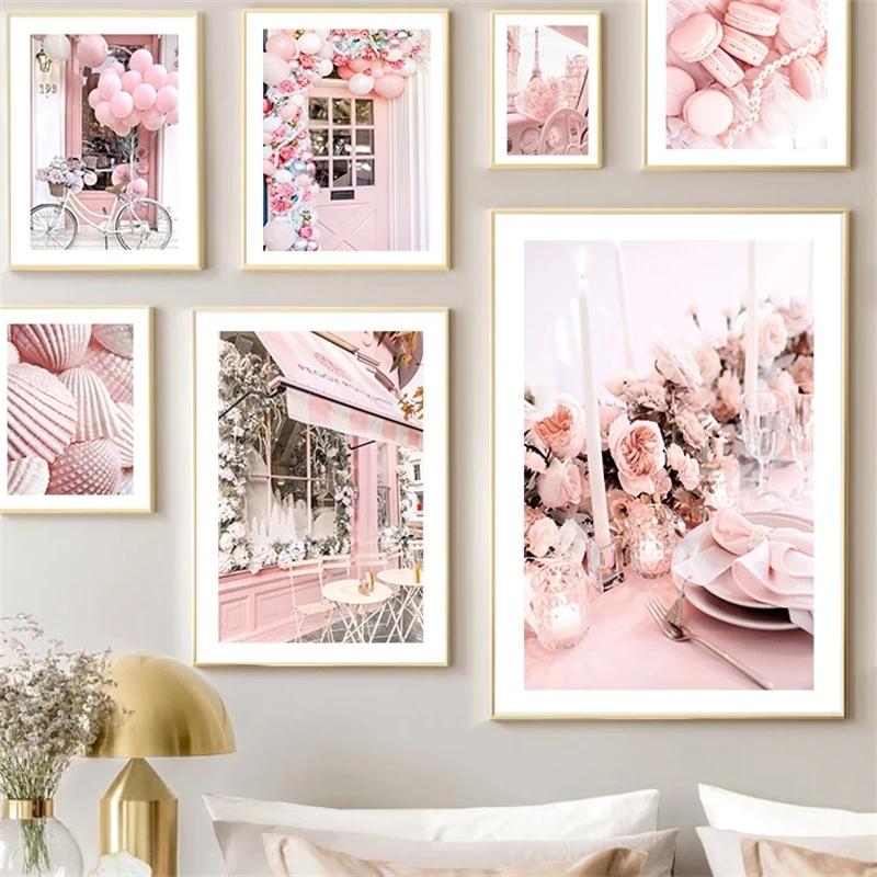Pink Modern City Wall Art Plakát Tisk Květina Balón Móda Pařížská věž Obraz na plátně Dekorace Obraz pro domácí dekoraci
