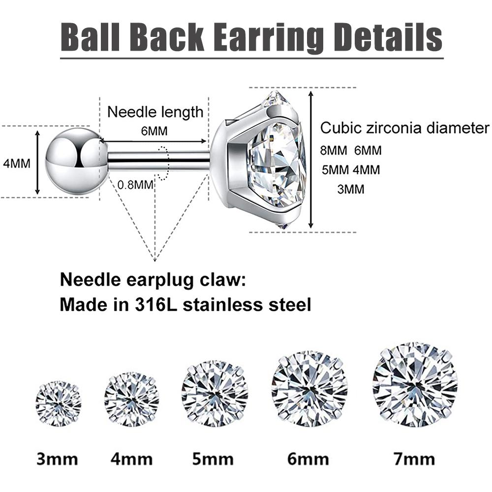 5pairs 4 5 6 7 8mm crystal stainless steel stud earrings men