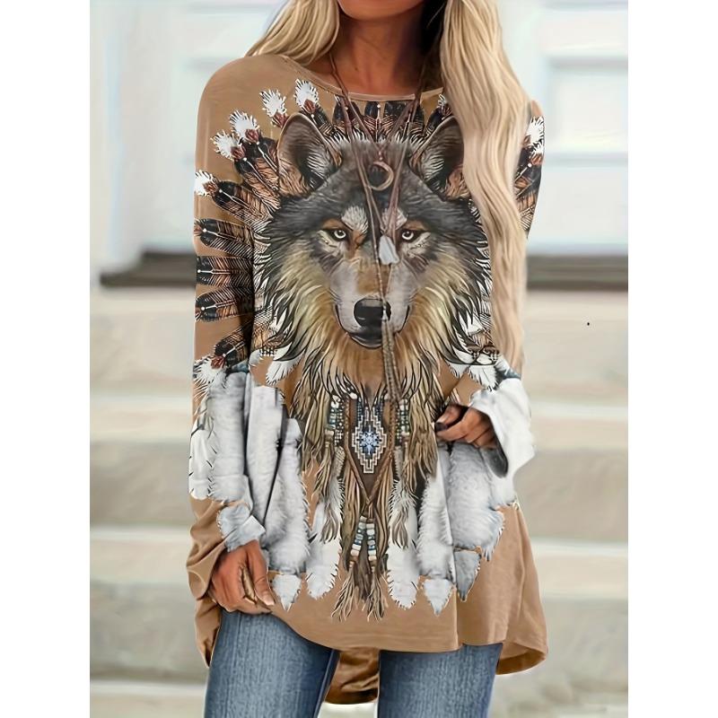 

Винтажные туники с принтом сильных животных с круглым вырезом, женская футболка с рукавом реглан для весенней и осенней одежды XL