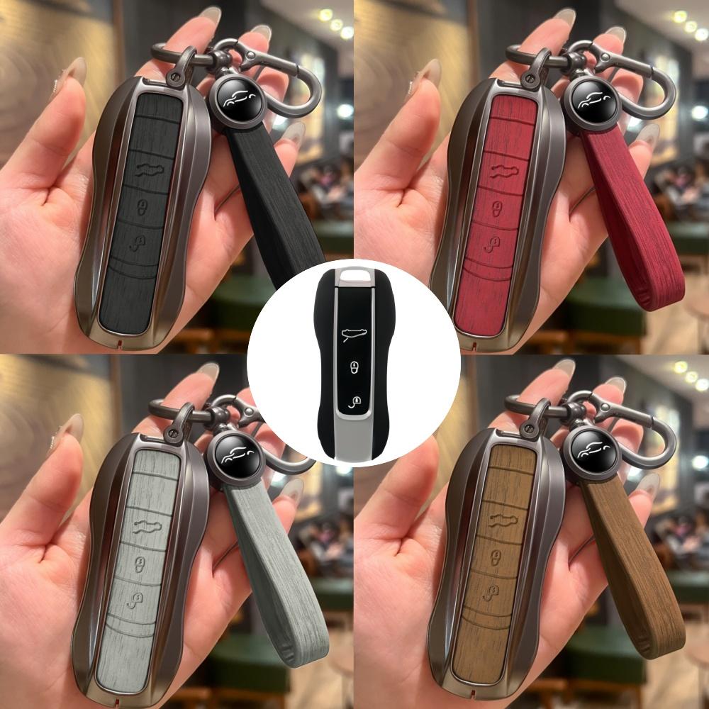 Luxury Genuine Leather for Porsche Boxster Cayman Panamera Cayenne Macan 718/911 Taycan Car Key Case Cover Protective Keychain