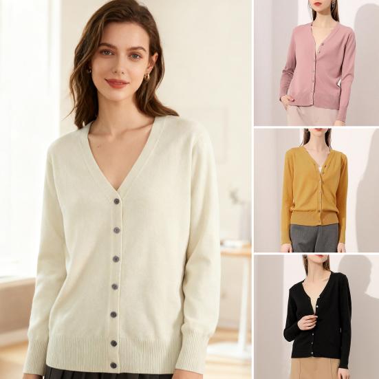 Women Sweater Coat V-neck Long Sleeve Single Breasted Knitting Sweater Solid Color Ribbed Trim