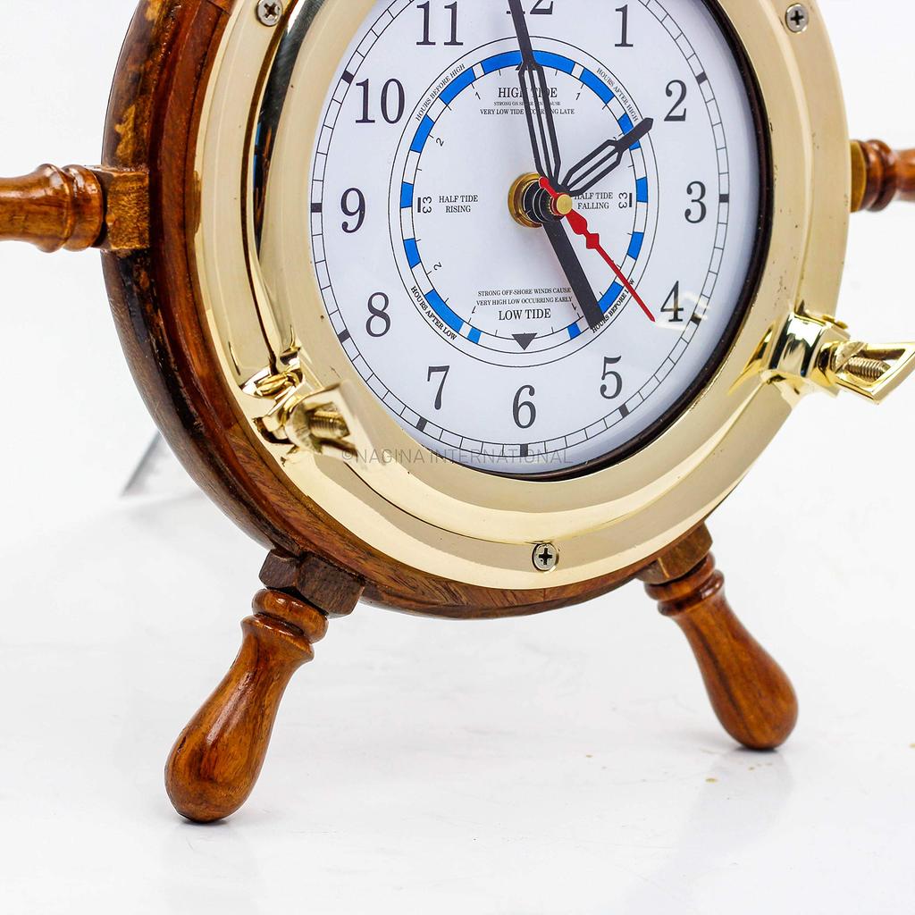 14" Authentic Nautical Time Tide Clock Porthole Ship Wheel | Navy Pirate's Gift & Decor | Nagina D6-2UX1-VEAG
