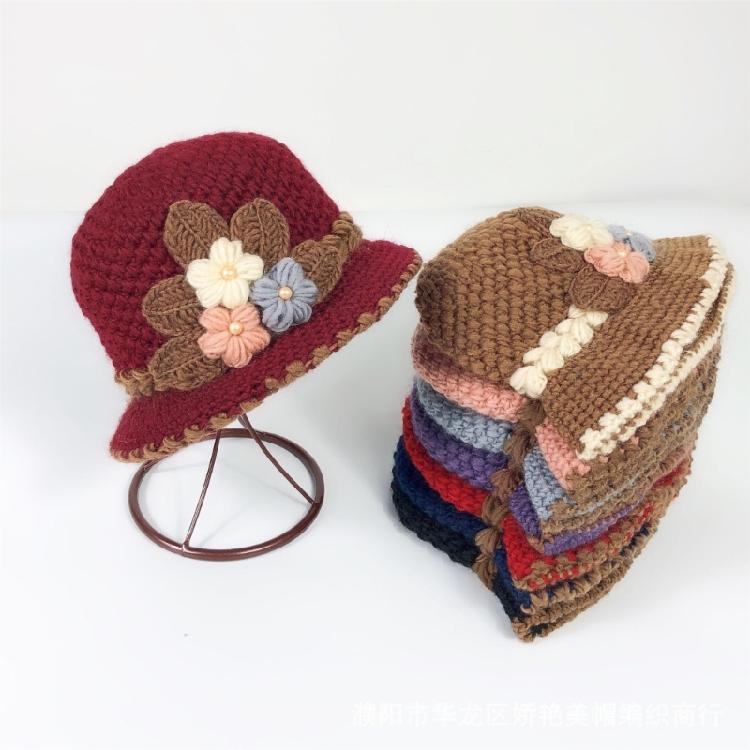 Flower Bucket Hat for Adult Outdoor Sports Wide Brim Autumn Knit Fisherman Hat