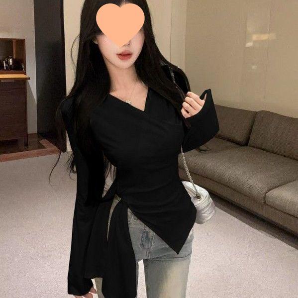 

Women s Irregular Cross V-Neck Long-Sleeve Autumn Top - Hot Girl Waist-Cinching, Strappy Base Layer with Unique Design. Large