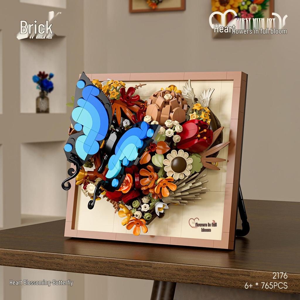 Sunflower Butterfly Photo Frame Ornaments: Trendy Toy Building Blocks Compatible with Lego
