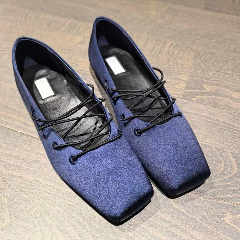 Sheepskin Version of Grape Mother Noble Satin Temperament Square Head Cross Belt Flat Bottom Shallow Mouth Mary Jane Single Shoes Women's Ballet Shoes