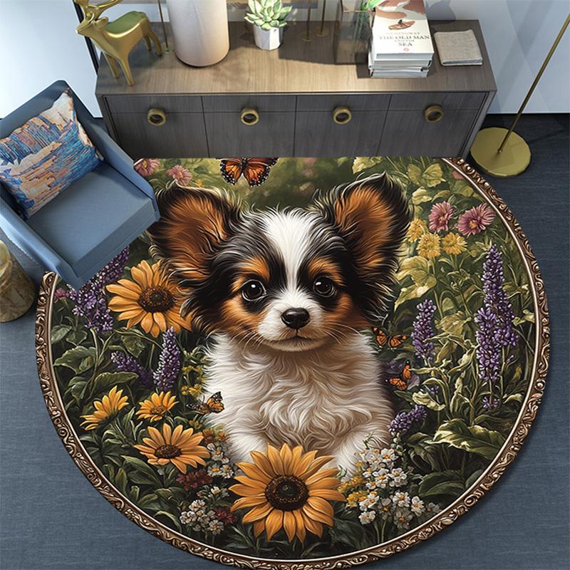Puppy In Sunflowers Round Area Rug,Carpet Rug for Living Room Bedroom Sofa Playroom Decor,Non-slip Floor Mat