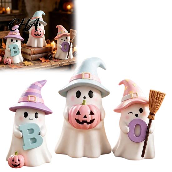 Unique Halloween Holiday Gifts 3Pcs Pink Ghost Figurines, Cute Spooky Resin Desk Decor with Pumpkin Boo Letter Ornaments BOO Letter, Sweet Tabletop