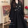 Korean Style Autumn Winter Women Midi Dress V Neck Knitting Floral Patchwork Corduroy Dress Vintage Long Sleeve Elegant Dress