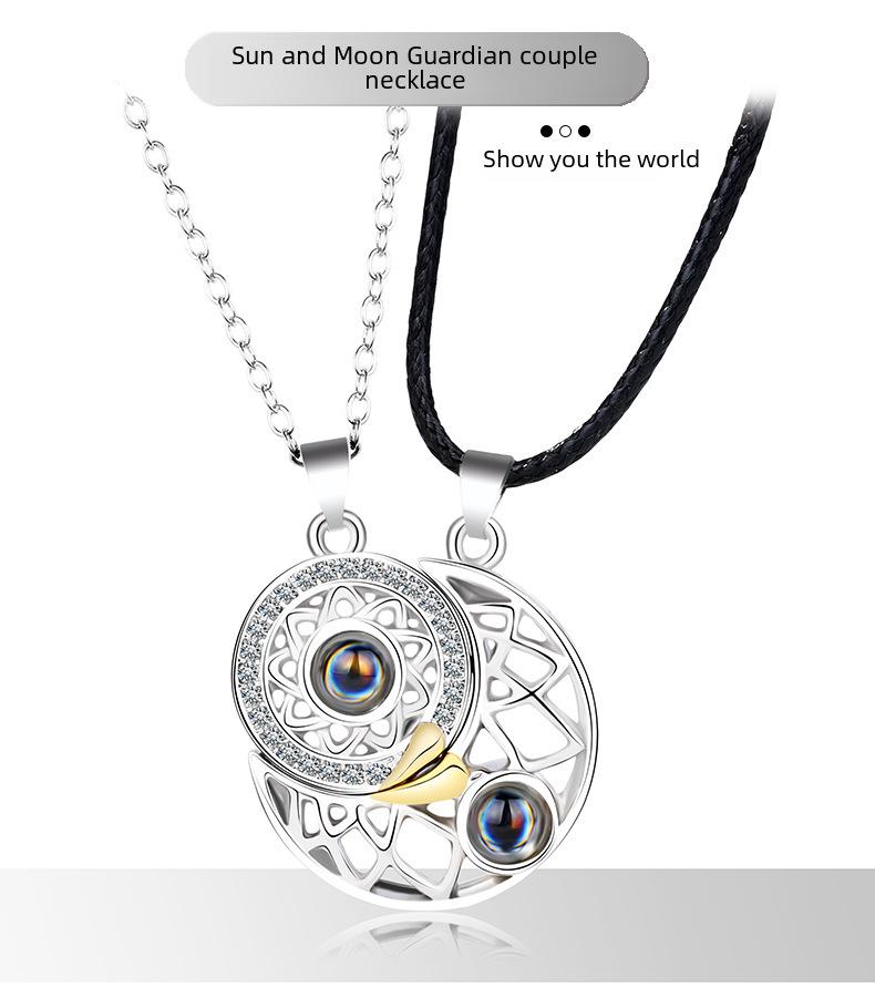 100 Languages Projection Stone Sun & Moon Couple Magnet Necklace Set