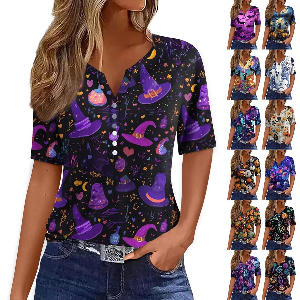 Dames T-skjorte Tee Halloween Trykket Knapp Kortermet Tunika Daglig Helgemote Basic V-hals Vanlig Topp