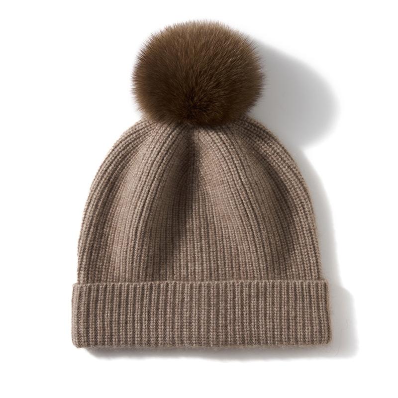 

Cashmere Autumn and Winter New Style Women s High End Solid Color Striped Fur Ball Warm Fashion Knitted Casual Cuff Hat One size