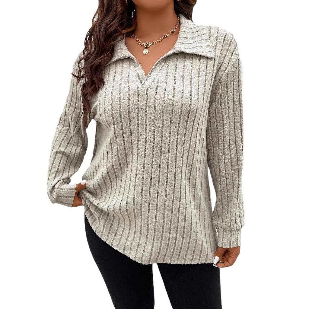 2025 Autumn/Winter Women's Plus Size V-Neck Ribbed Brushed Long Sleeve Top