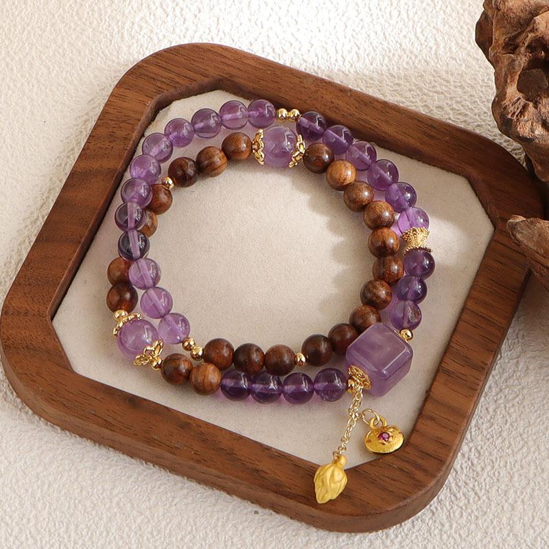 Natural amethyst sandalwood double circle bracelet, simple amethyst sugar cube with lotus pod lucky bag fringed bracelet.