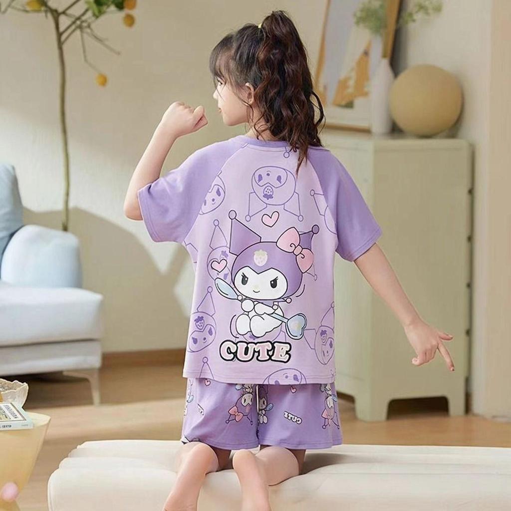 Cartoon Girls' Short-Sleeve Summer Pajama Set for Medium To Large Children - Two-Piece Air Conditioning Suit