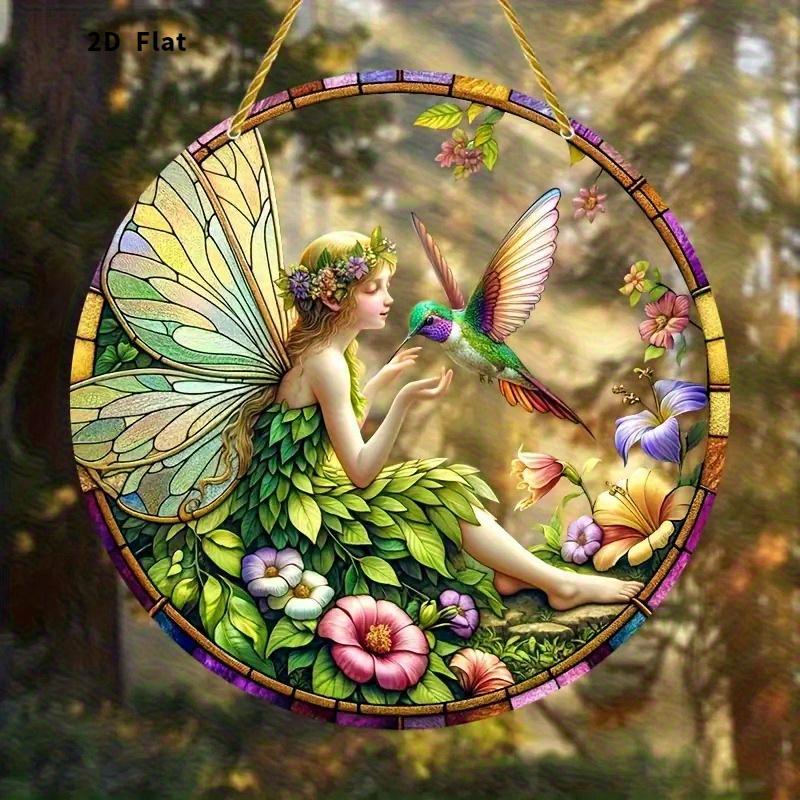 2D Flat Stained Glass-Style Acrylic Fairy & Hummingbird Decoration Sign, Floral Design, Suitable for wall Decoration, porch, Room, Villa, accents Home