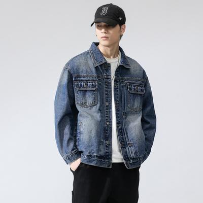 Spring and Autumn New Men's Korean Style Retro Multi-Pocket Stylish Lapel Denim Jacket Trendy and Versatile Jacket