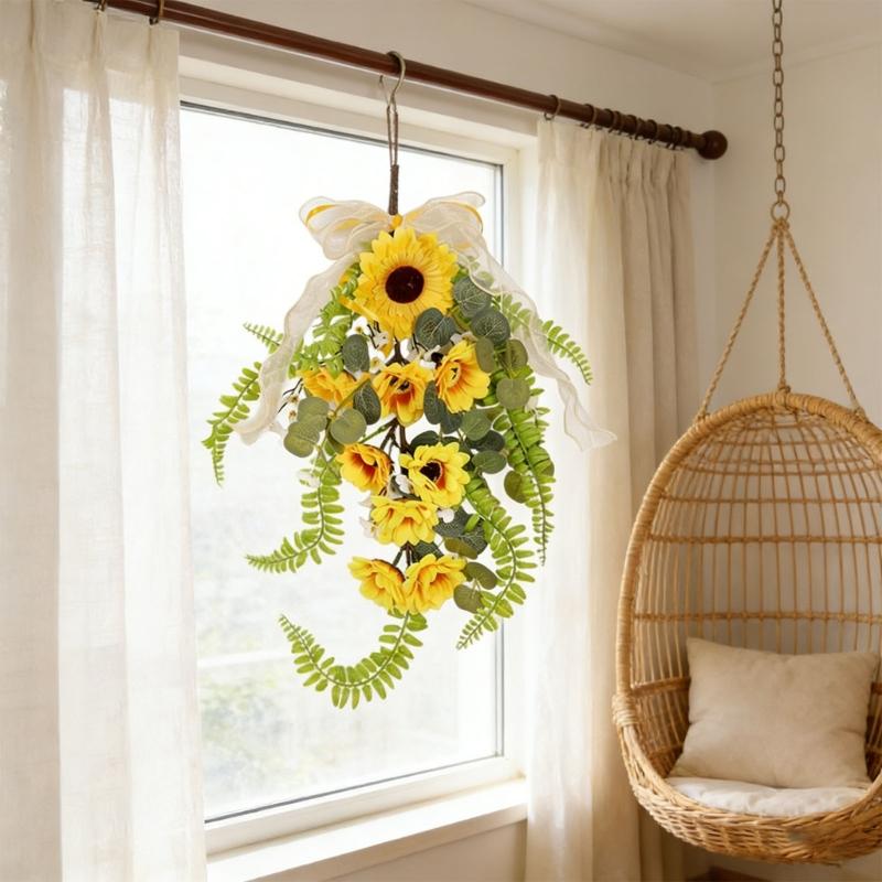 Easy To Install Faux Sunflower Wall Hanging Ornament Green Plant Decoration for Home or Commercial Space