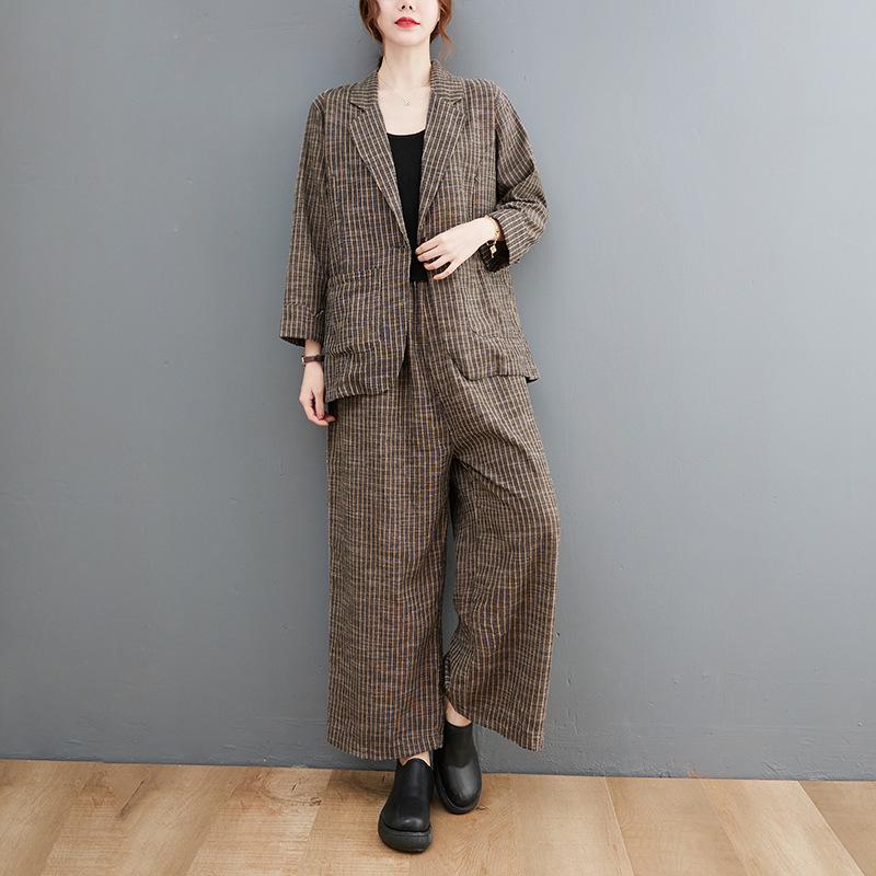 Damen 2024 Herbst Retro Baumwolle Leinen Gestreifter Blazer & Weitbeinige Hose Set