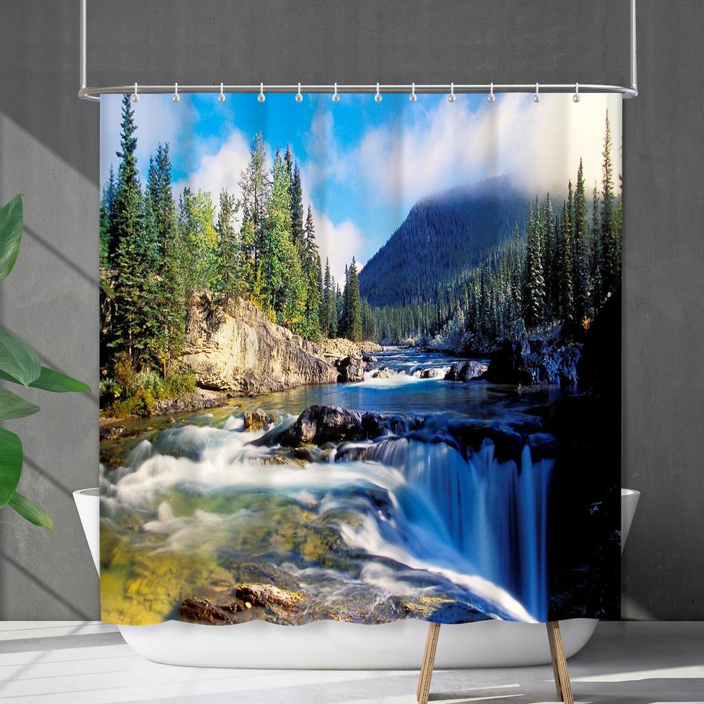 Bathroom Waterproof Curtain Digital Printing Landscape Waterfall Shower Curtain Free Punching Toilet Partition Curtain Shower Cloth
