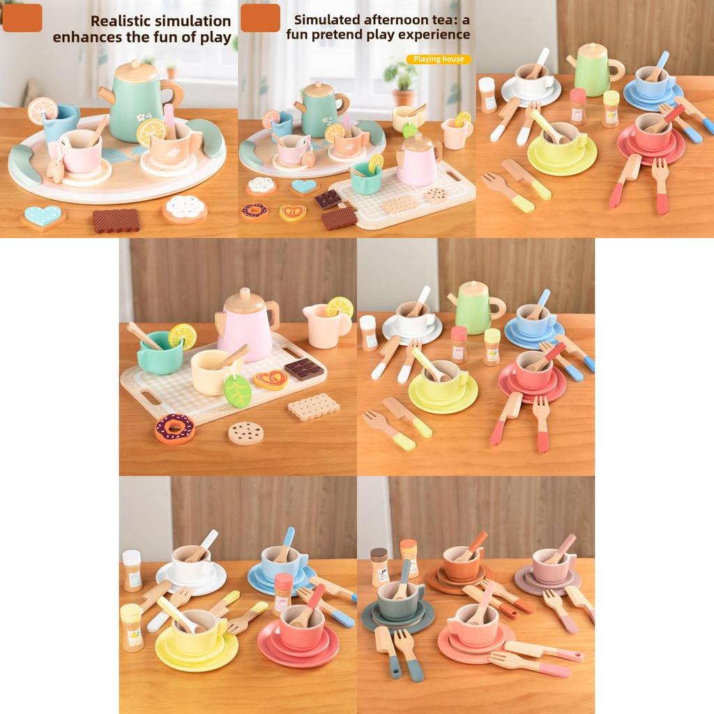 Wooden Afternoon Tea Cookies Cups Tableware Set Children Toys For Imaginative Pretend Play