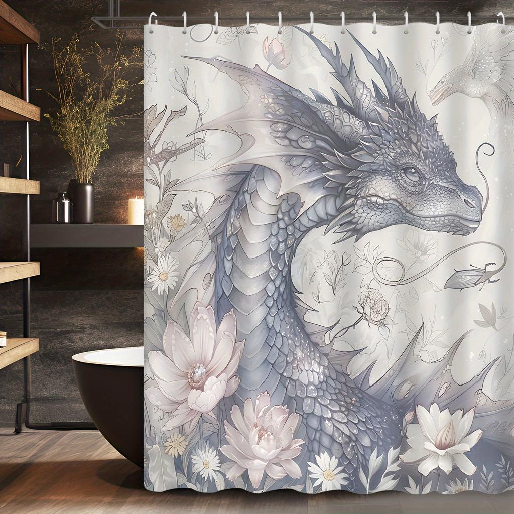 1pc Elegant Asian-Inspired Dragon & Floral Print Polyester Shower Curtain,  Abstract Chinese Style with Grommets & Hooks